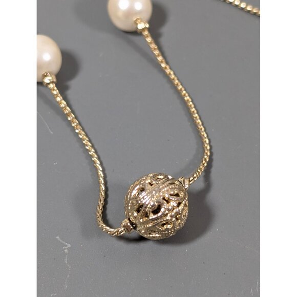 Retro Gold Tone Filigree Ball Faux Pearl Station Chain Long Layering Necklace 36 - Picture 4 of 9